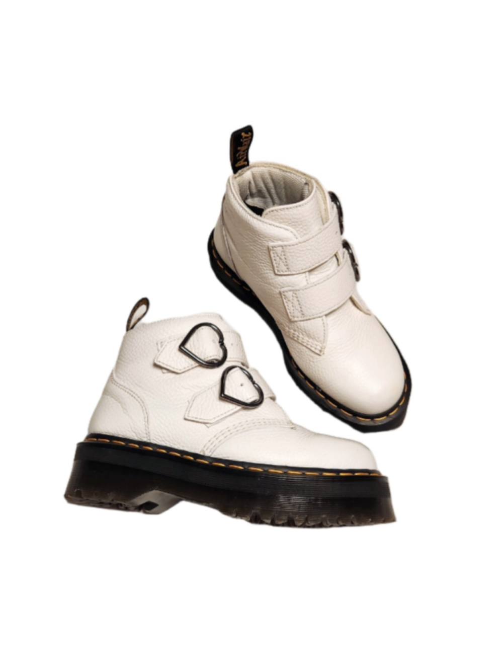 Dr. Martens Devon Heart Buckle Pebbled Leather Quad Sole Platform White Boots 8
